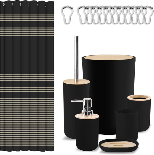 Britimes 7 Pack Bathroom Accessories Set, Shower Curtain Set, Black Striped