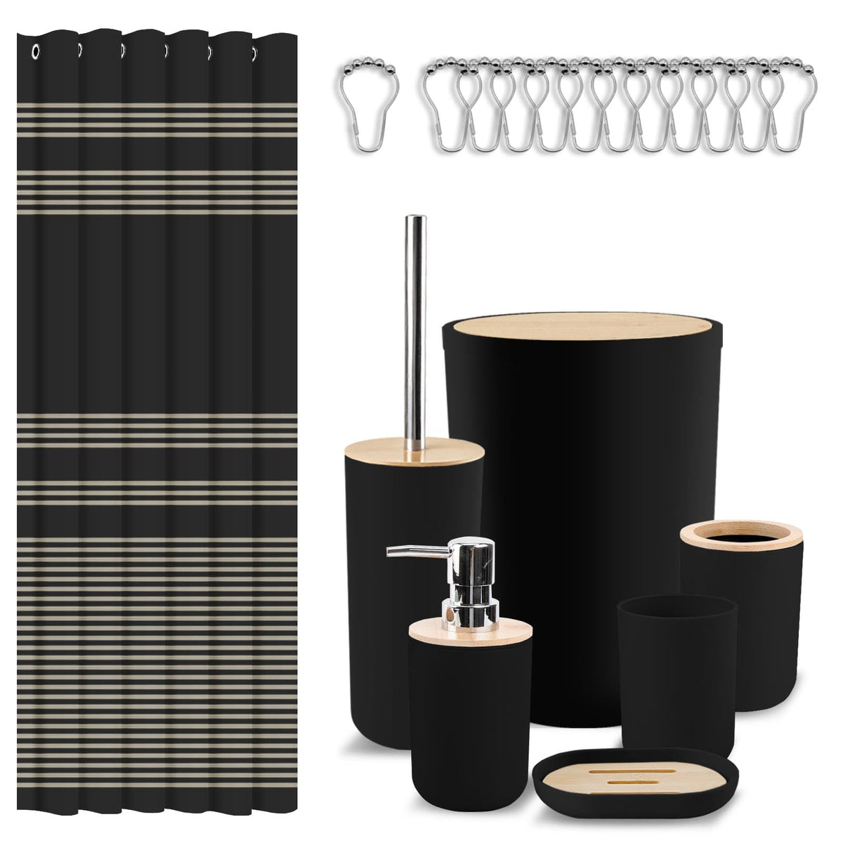 Britimes 7 Pack Bathroom Accessories Set, Shower Curtain Set, Black Striped
