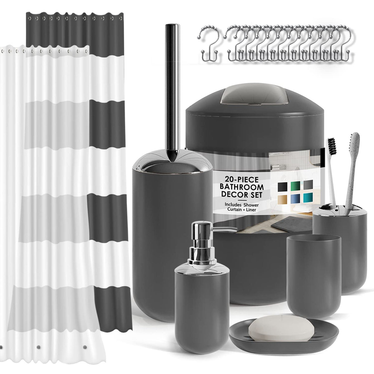 Clara Clark Bathroom Set - Navy Bathroom Accessories Set, 20PC Bathroom Accessory Set, Shower Curtain Set with Liner, Toothbrush Holder, Soap Dispenser, Soap Dish, Toilet Brush Holder, and Trash Can