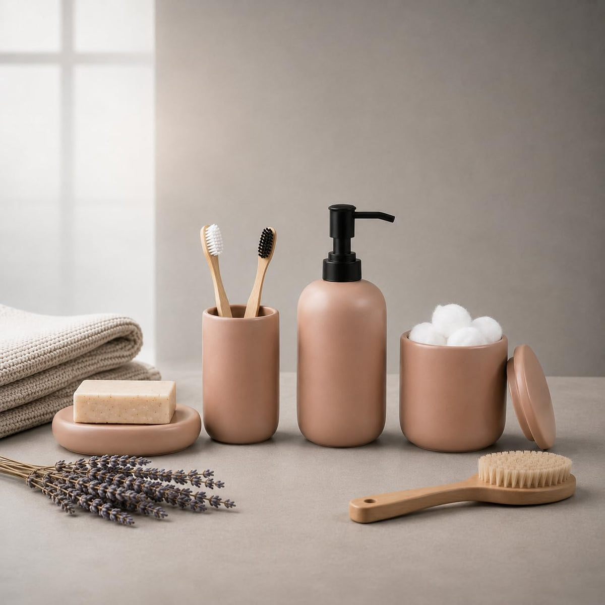 Ava Nord Modern Minimalist Ceramic Bathroom Accessories | Set of 4 | Cream