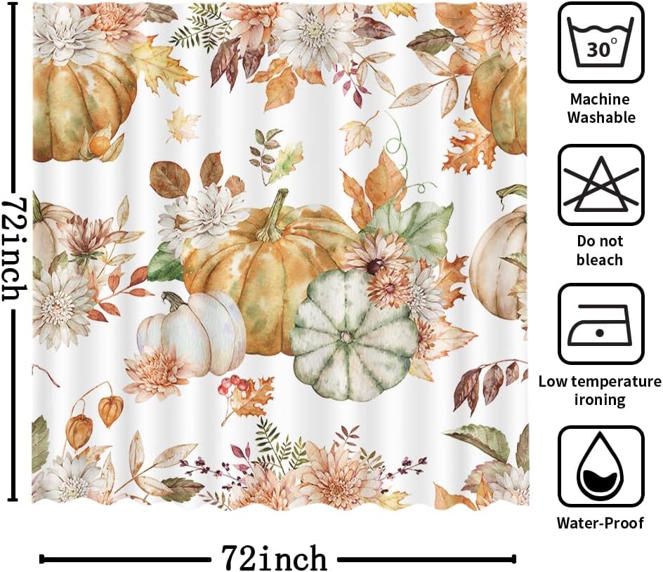 MEHOFOND Fall PumpkinsShower Curtain Autumn Watercolor Floral Bath Curtain