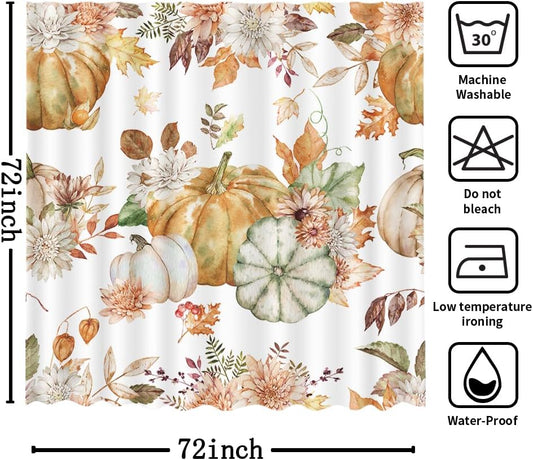 MEHOFOND Fall PumpkinsShower Curtain Autumn Watercolor Floral Bath Curtain