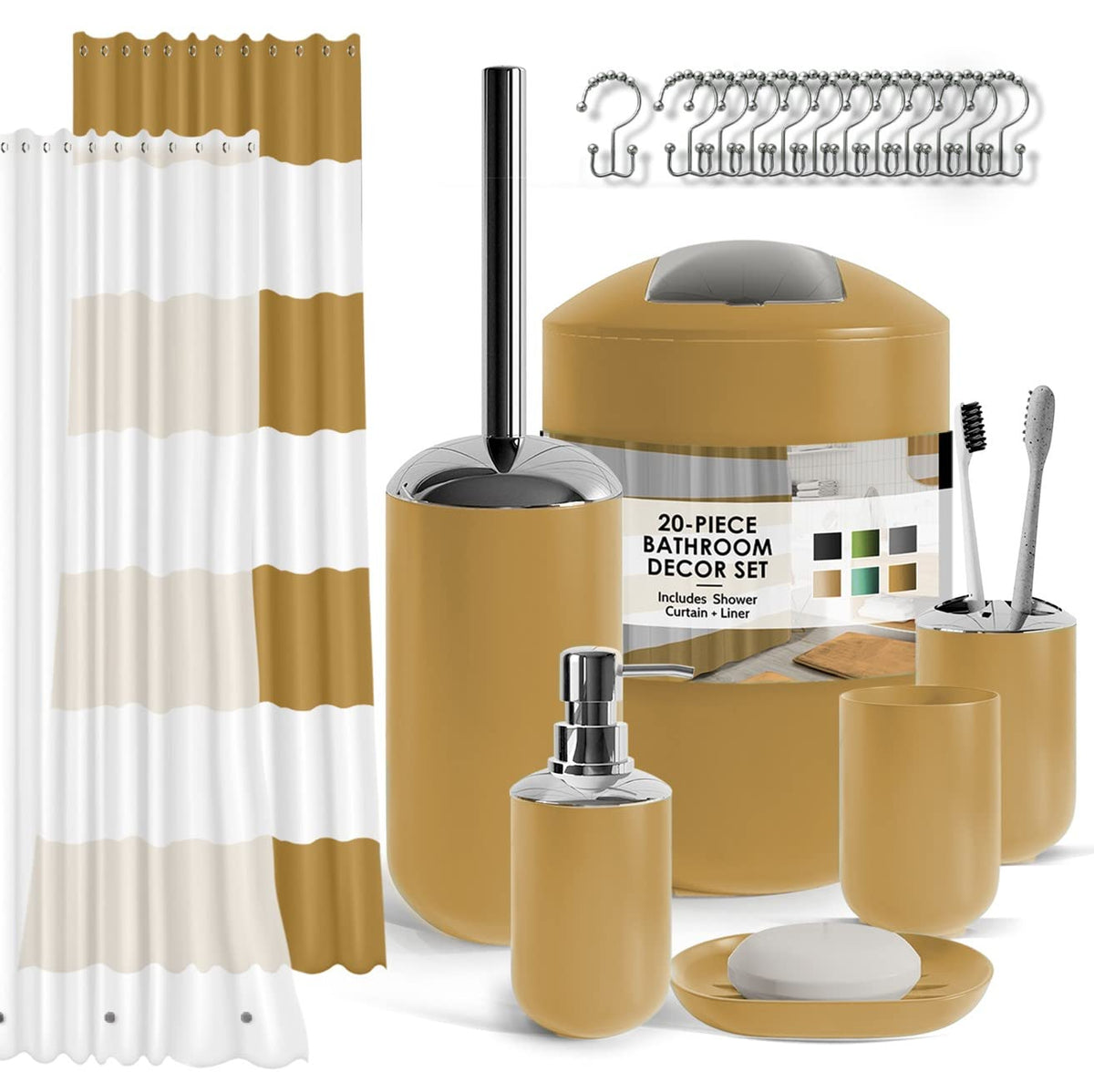 Clara Clark Bathroom Set - Navy Bathroom Accessories Set, 20PC Bathroom Accessory Set, Shower Curtain Set with Liner, Toothbrush Holder, Soap Dispenser, Soap Dish, Toilet Brush Holder, and Trash Can