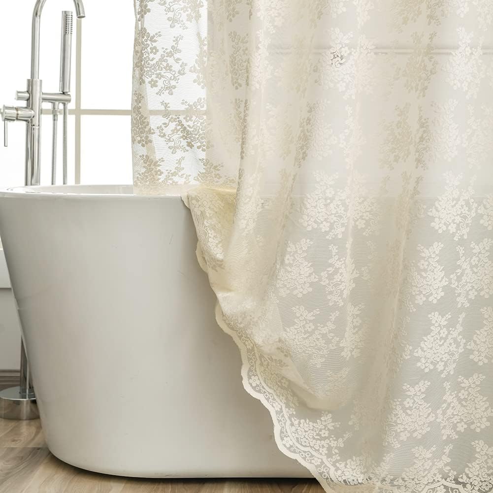 Ivory Lace Shower Curtain 72x72, Vintage Shabby Chic with Attached Valance