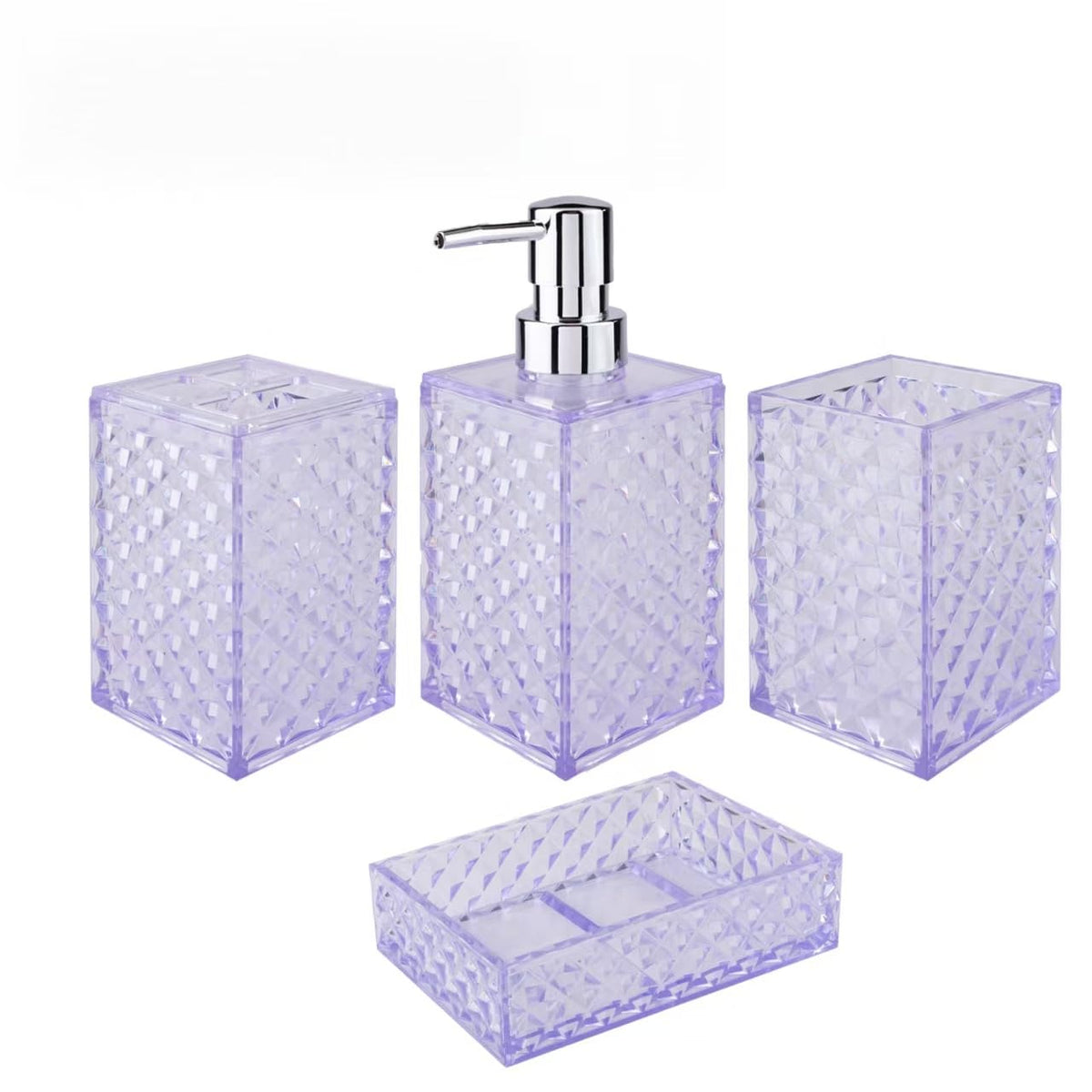 Bathroom Accessory Set, Grid Pattern 4 Pcs Plastic Bathroom Set, Pink