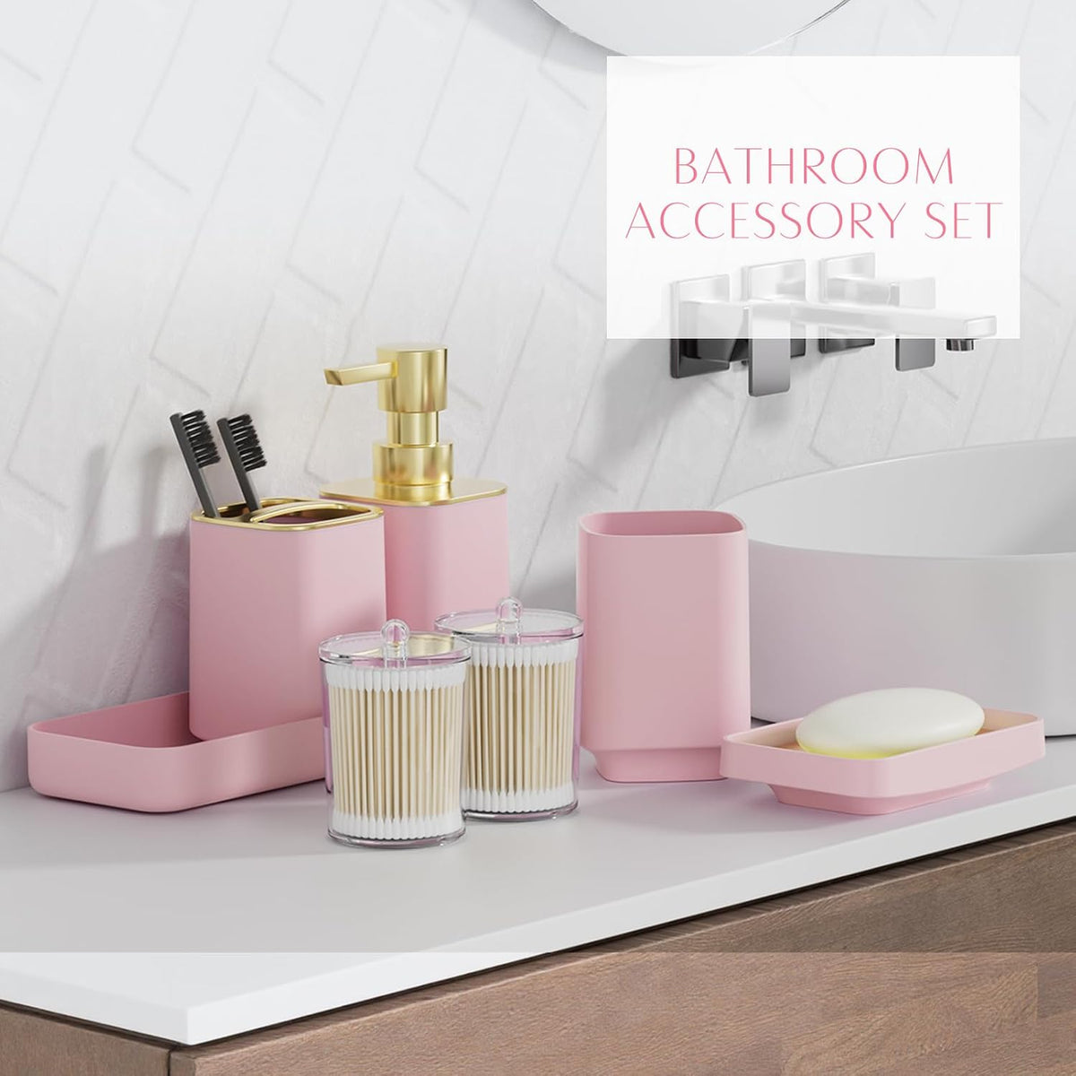 Pink Bathroom Set, 9-Piece Accessories with 4-Gallon Swing-Top Trash Can