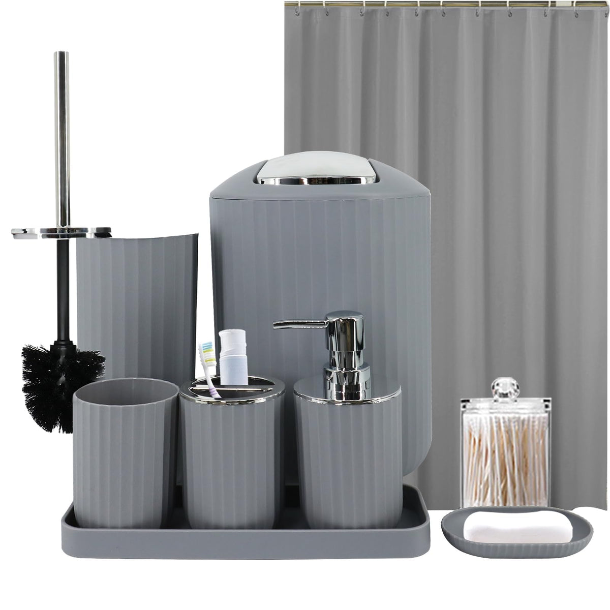 Black Bathroom Accessories Set, 10Pcs Bathroom Accessory Sets Complete with Trash Can, Shower Curtain, Vanity Tray, Soap Dispenser, Soap Dish, Toothbrush Holder&Cup, Toilet Brush&Holder, Qtip Holder