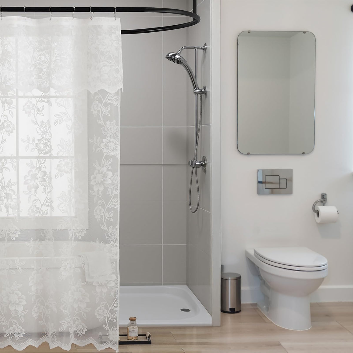 Ivory Lace Shower Curtain with Attached Valance, 72 x 72 Inch 1 Panel