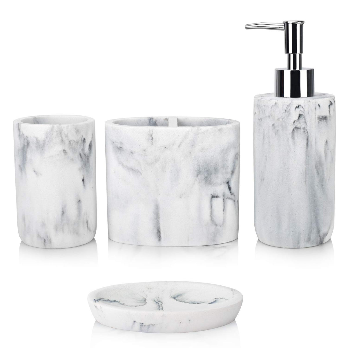 L'ARL GMVOI Bathroom Accessories Set,4 Pieces Marble Bathroom Vanity Countertop Accessory Set with Bathroom Toothbrush Holder Set,Soap Dispenser,Tumbler,Soap Dish for Bathroom Home Decor