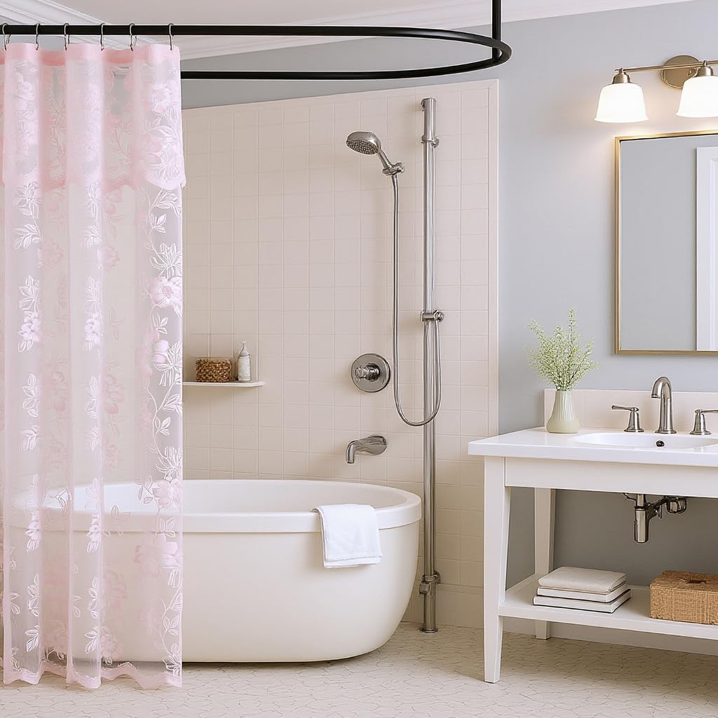 Ivory Lace Shower Curtain with Attached Valance, 72 x 72 Inch 1 Panel