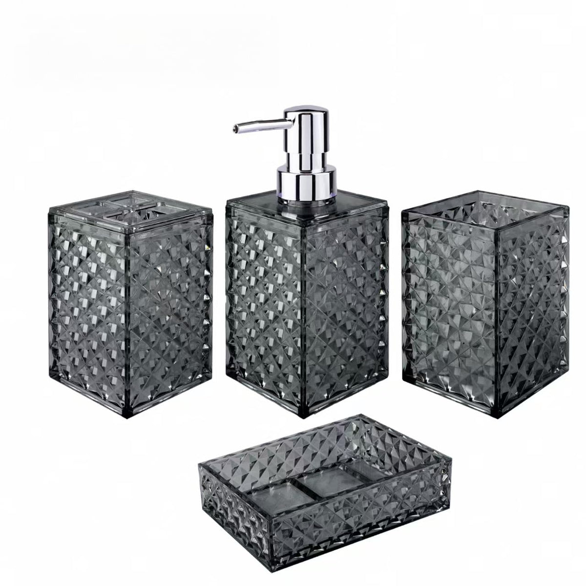 Bathroom Accessory Set, Grid Pattern 4 Pcs Plastic Bathroom Set, Pink
