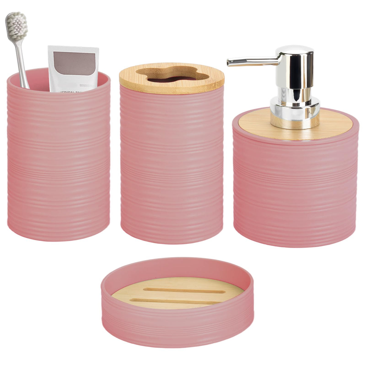 RRM 4 Piece Bamboo Bathroom Accessories Set, Boho Bathroom Decor, White
