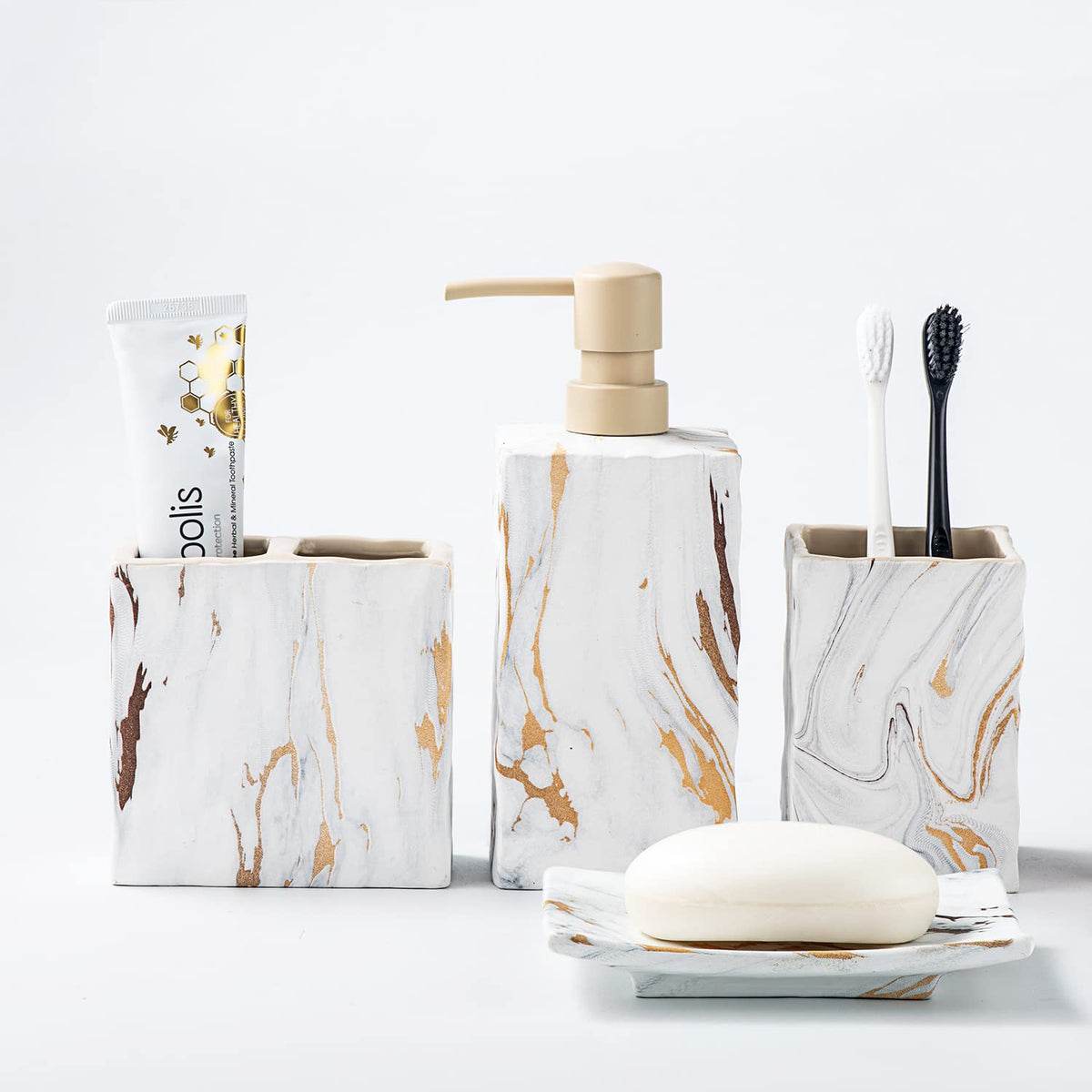 RQYIXI Ceramic Bathroom Accessories Set,White,4 Piece,Embossed Design