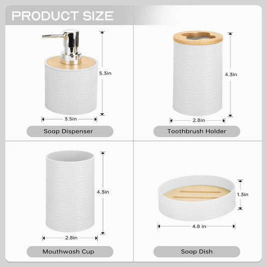 RRM 4 Piece Bamboo Bathroom Accessories Set, Boho Bathroom Decor, White