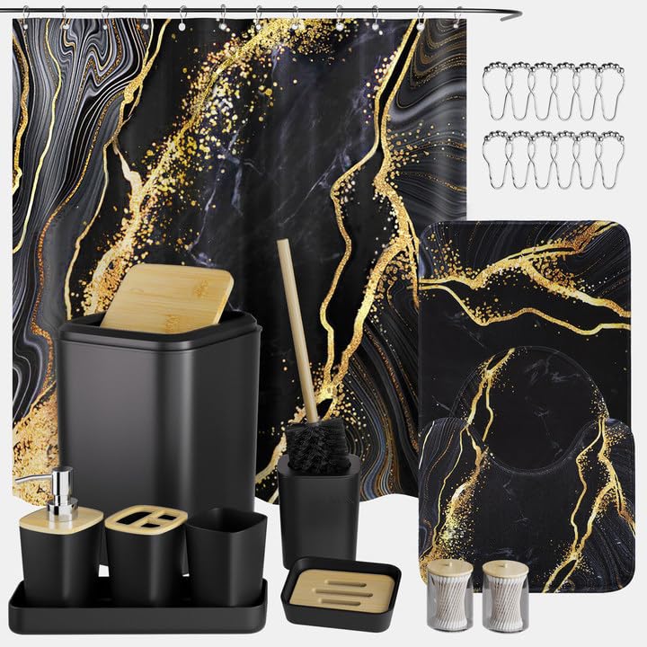 XLHOMO Bathroom Sets with Shower Curtain and Rugs,24PCS Black Bathroom Set Shower Curtain Set with Bathroom Trash Can Bathroom Accessories