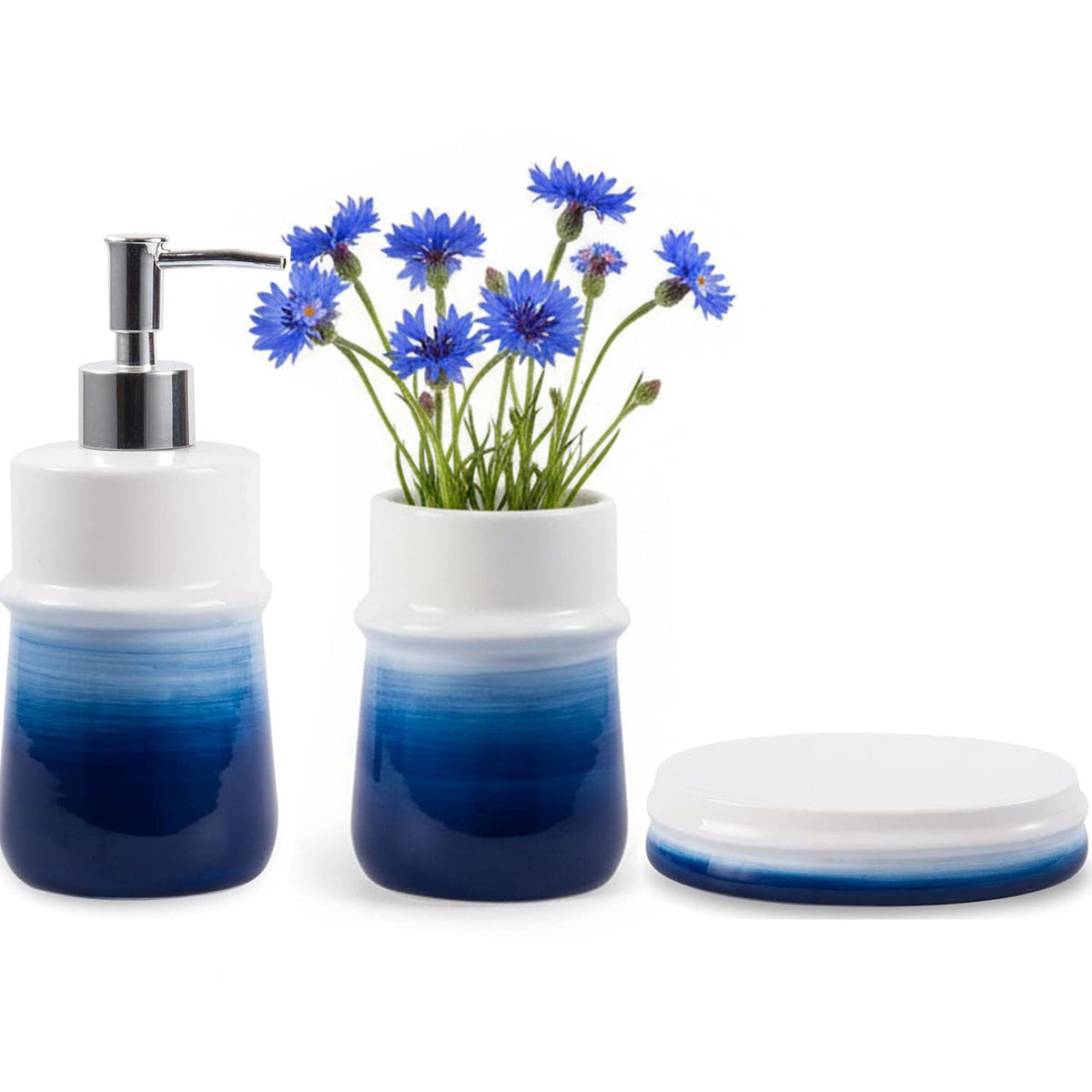 Navy Blue Bathroom Accessories Set, 4-Piece Blue Ceramic Bathroom Decorations Accessories Set,Contain Toothbrush Cup,Soap Dispenser,Soap Dish,Tumbler