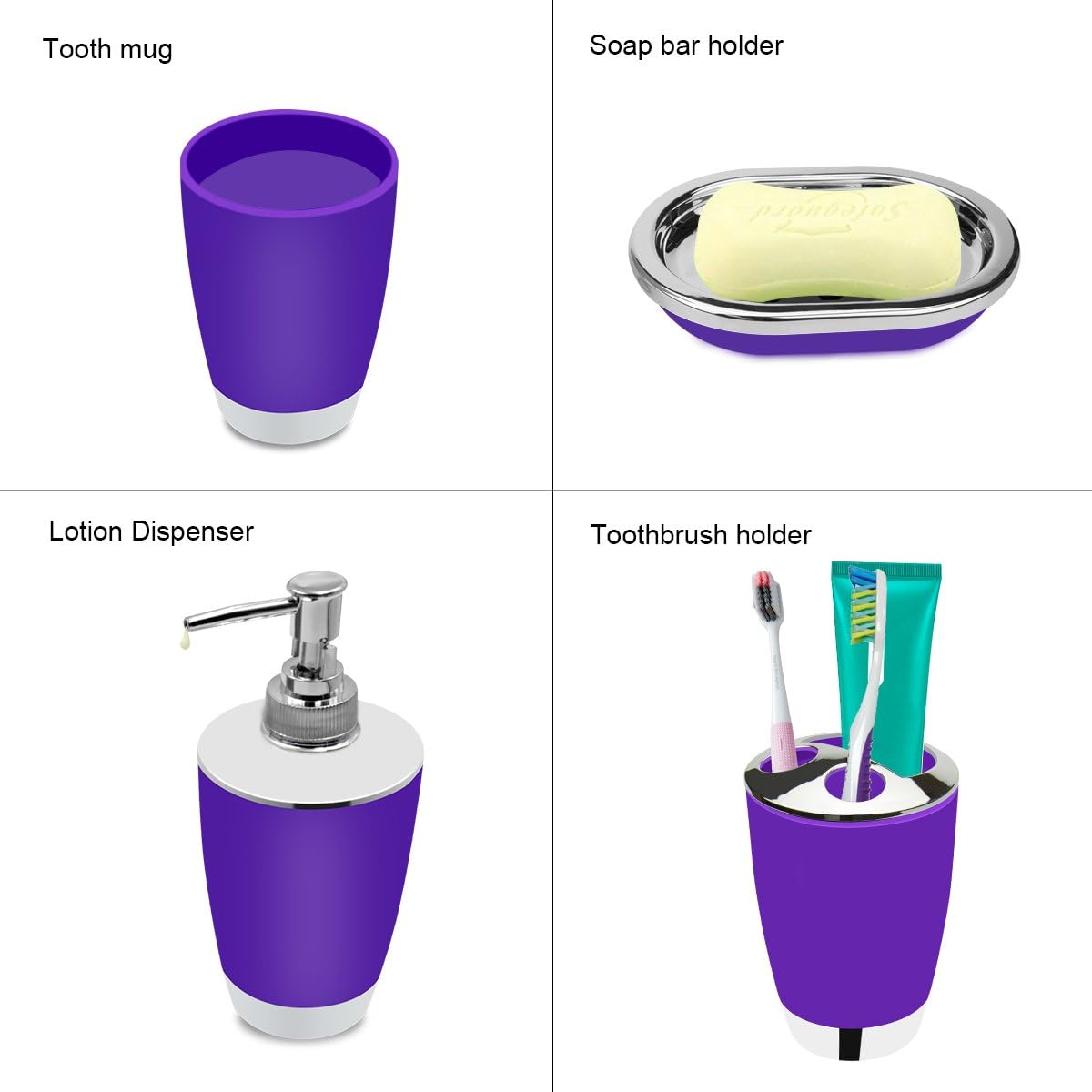 Bathroom Accessories Set, 6-Piece Plastic Gift Set, Toothbrush Holder, Toothbrush Cup, Soap Dispenser, Soap Dish, Toilet Brush Holder, Trash Can (Purple)