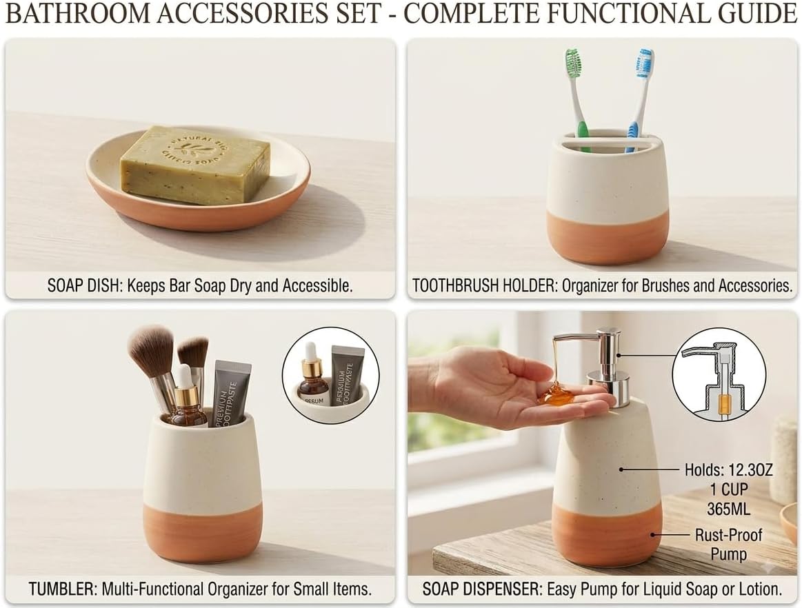 4 Piece Ceramic Bathroom Accessories Set, Soap Dispenser, Toothbrush Holder, Tumbler and Soap Dish, Speckled White & Terracotta Bathroom Counter Set, Modern Boho Farmhouse Decor 2. Product Description