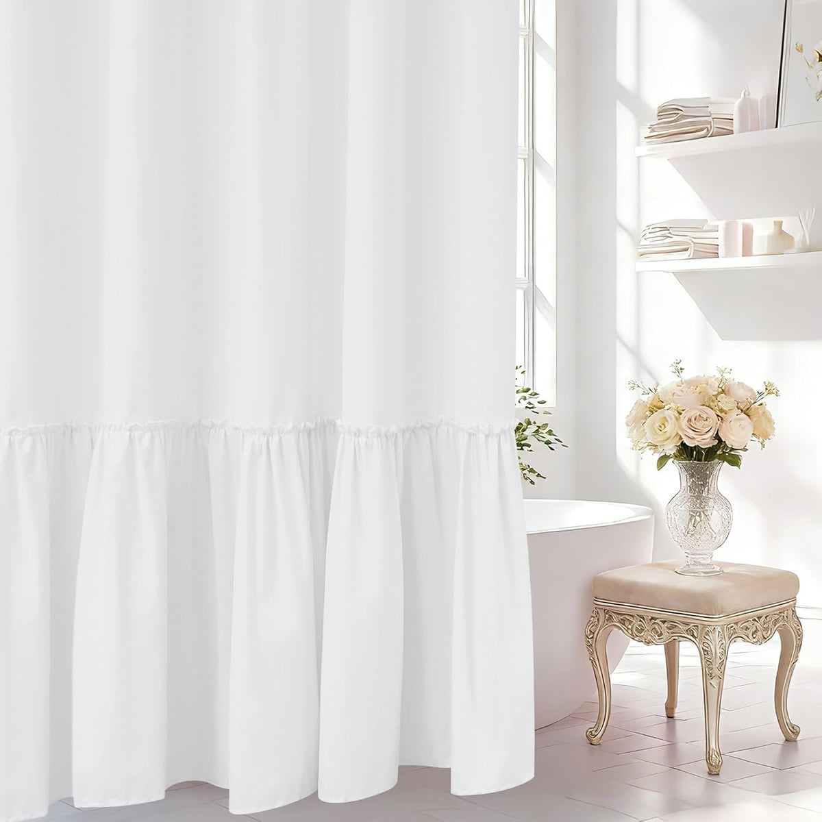 Seenus White Ruffle Shower Curtain with Waterproof TPU Backed Lightweight