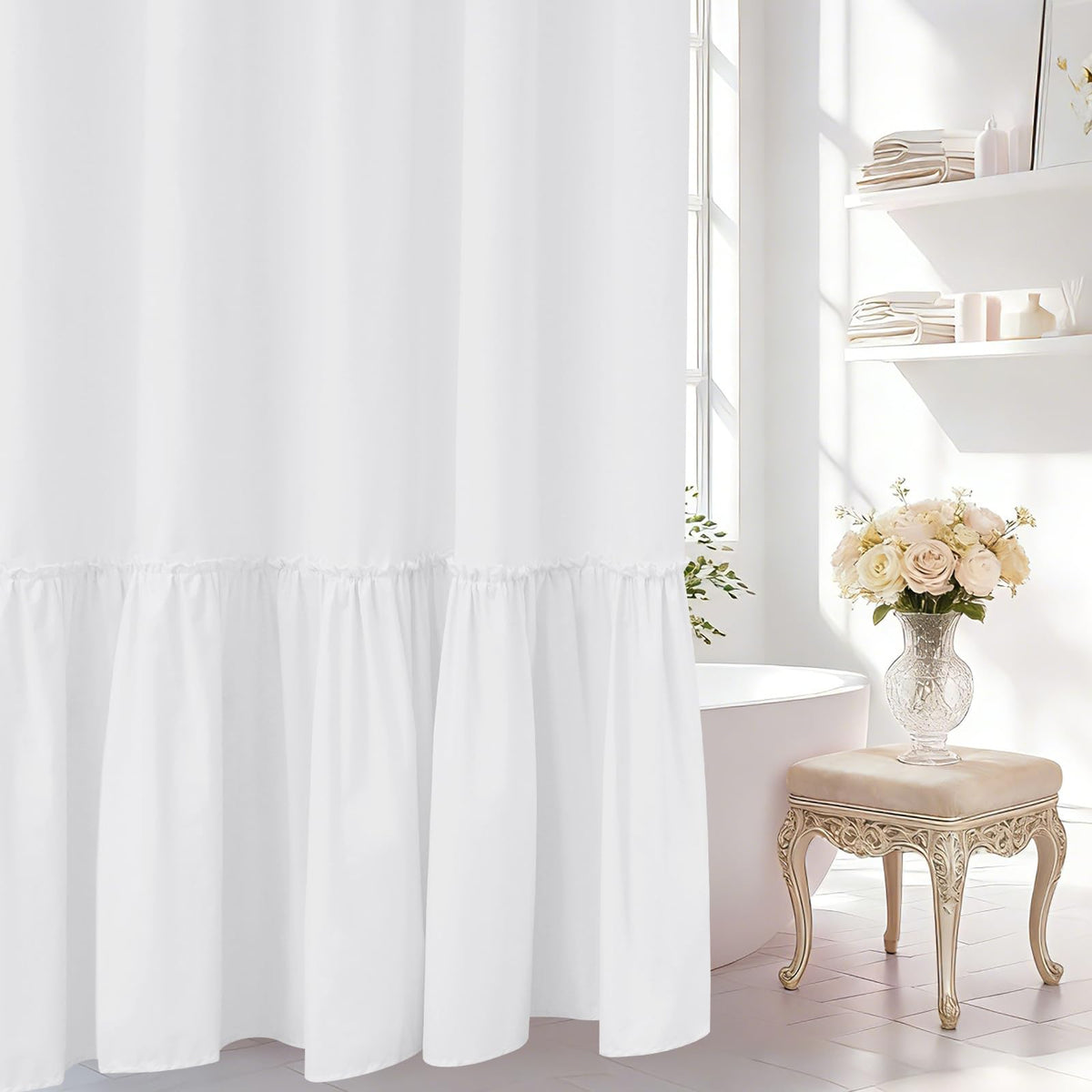 Seenus White Ruffle Shower Curtain with Waterproof TPU Backed Lightweight