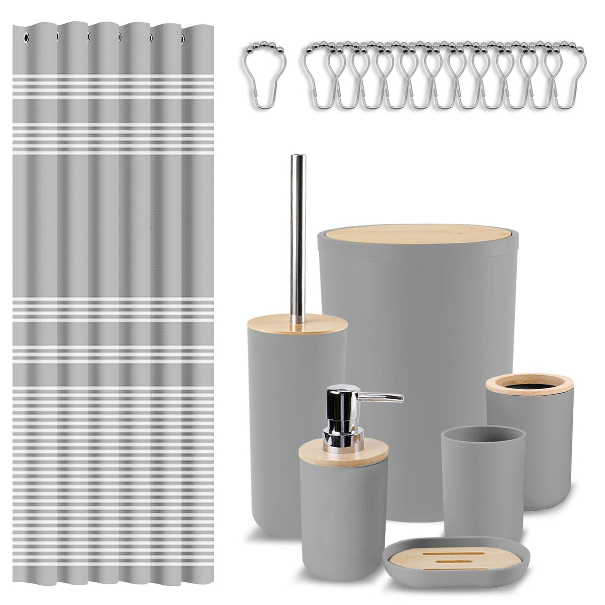 Britimes 7 Pack Bathroom Accessories Set, Shower Curtain Set, Black Striped