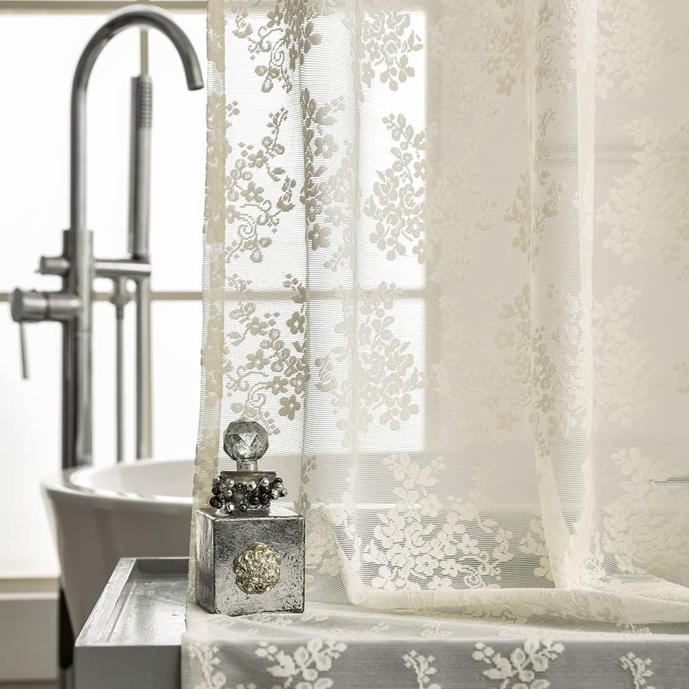 Ivory Lace Shower Curtain 72x72, Vintage Shabby Chic with Attached Valance