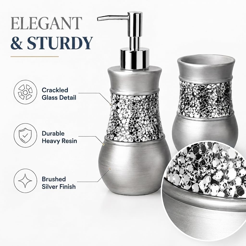 Creative Scents 4 Pc. Resin Bathroom Accessory Set | Silver Crackled Glass