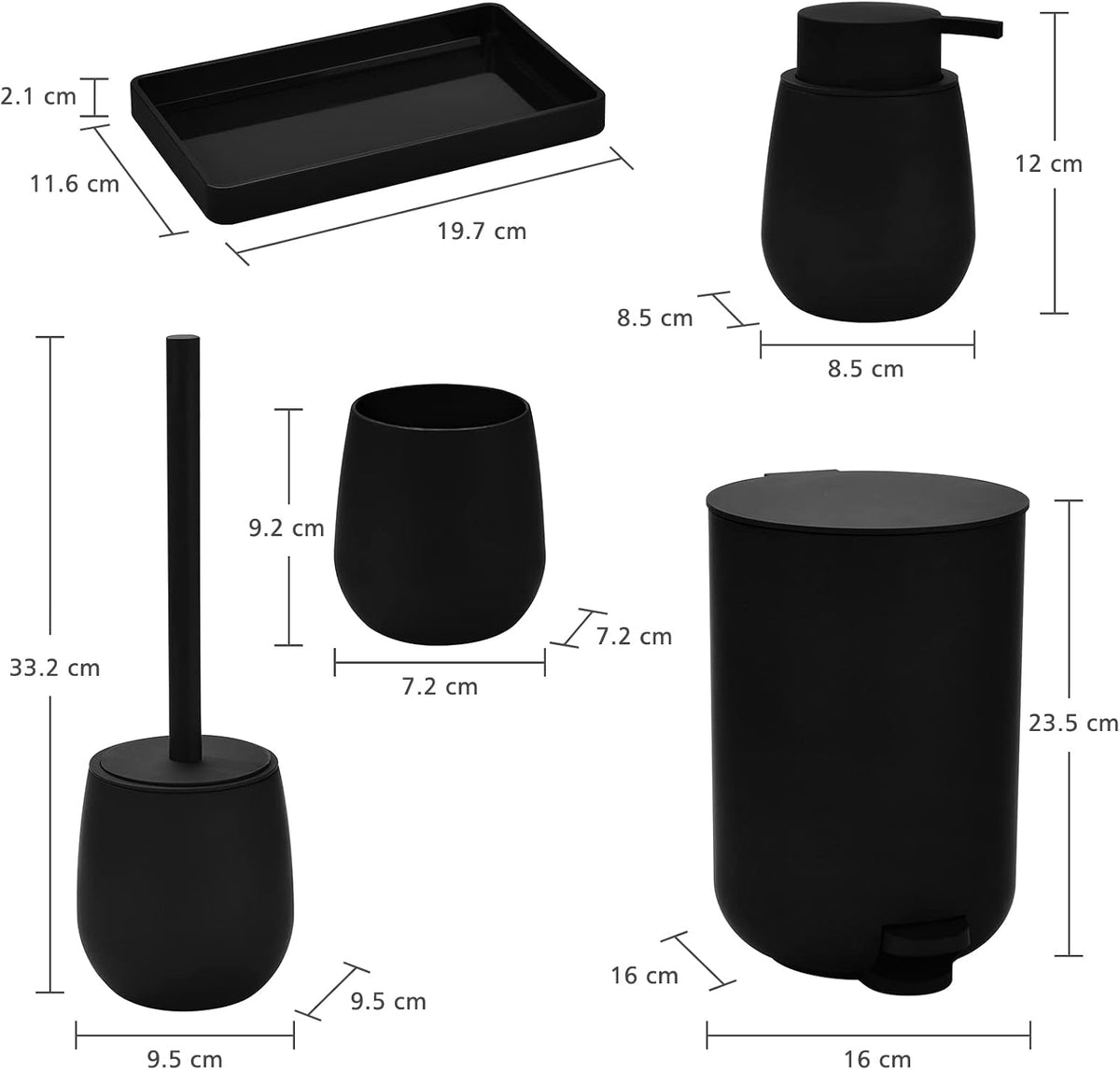 GAHEFY Black Bathroom Accessories Set with Small Trash Can 3 Liter/0.8 Gallon,Toothbrush Holder,Soap Dispenser,Vanity Tray,Toilet Brush and Holder Black 5pcs