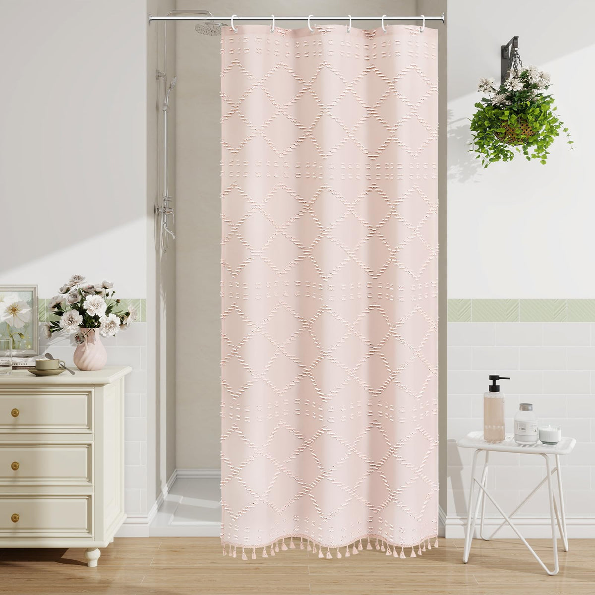 Blue Boho Woven Fabric Shower Curtain with Tassel 72 x 72, Tufted Textured