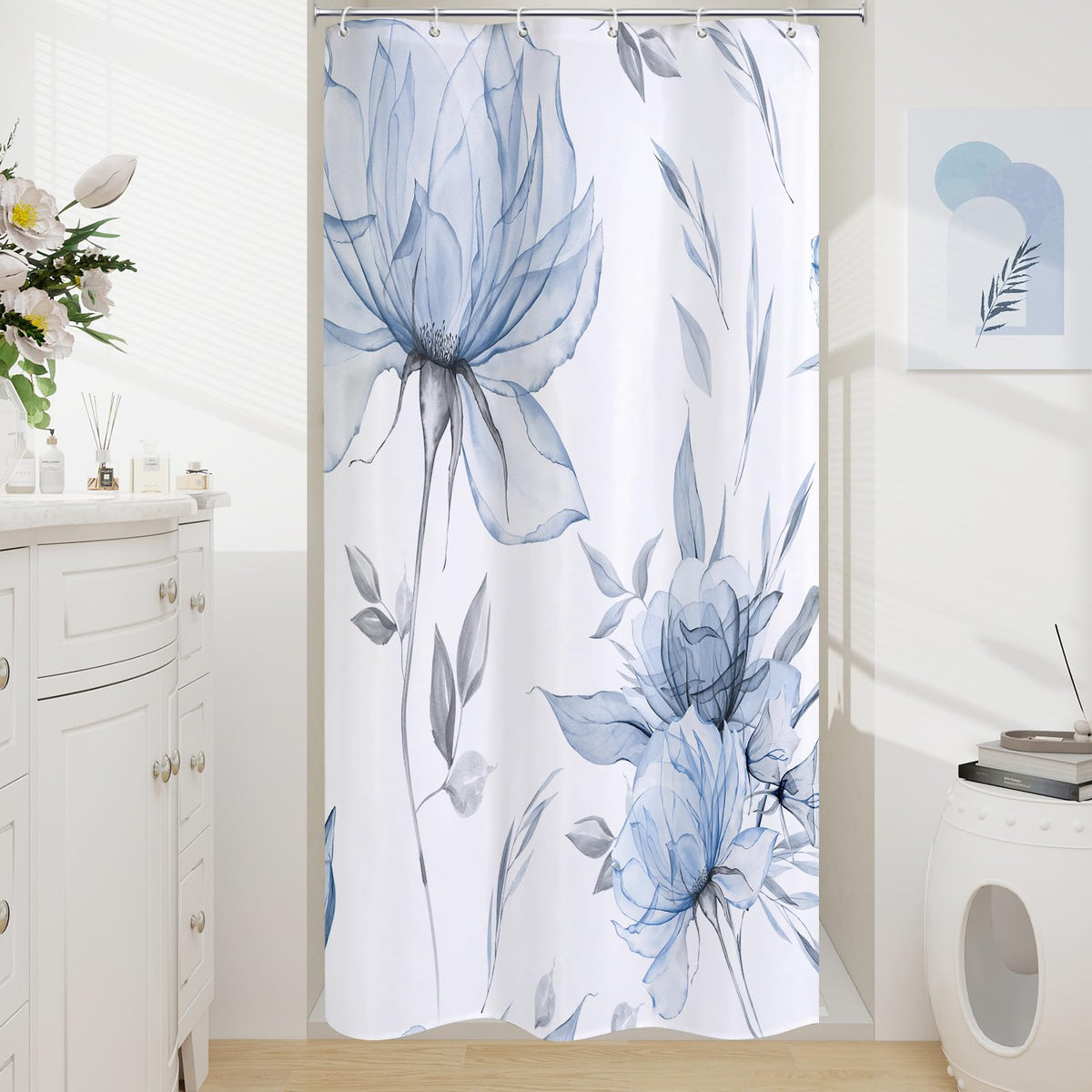 Blue Boho Floral Shower Curtain, Watercolor Botanical Design, 72 x 72