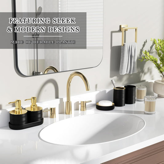 Bathroom Set, 10PC Bathroom Accessory Set, Black Bathroom Accessories, Black and Gold Bathroom Set with Trash Can, Soap Dispensers