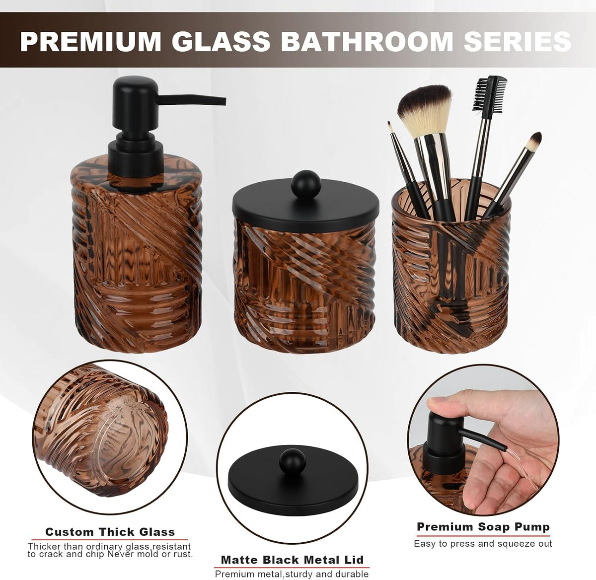 Bathroom Accessories Set,4 Pcs Amber Glass Bathroom Accessories Sets Complete with Lotion Soap Dispenser,Toothbrush Holder,Qtip Holder Dispenser and Vanity Tray,Bathroom Countertop Vanity Organizer