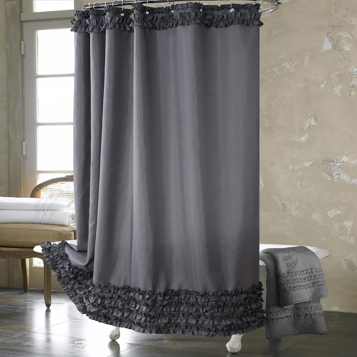 Ruffle Shower Curtain, White Fabric Shower Curtain with Handmade Ruffles, Farmhouse Chic Bath Curtains, 72" W x 72" H