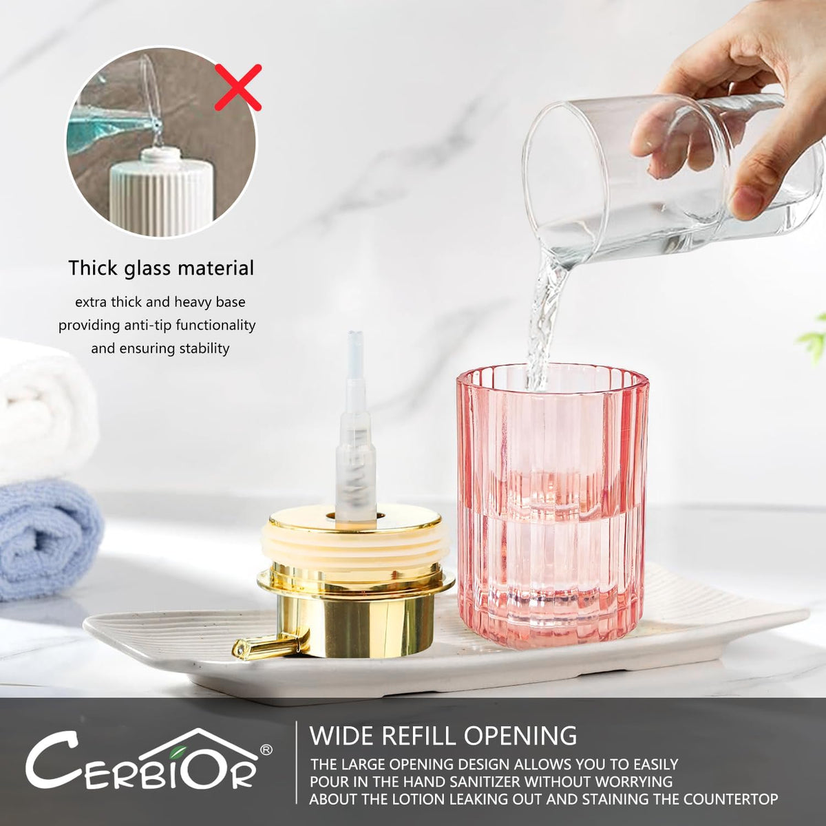 CERBIOR Bathroom Accessories Set, 4 PCS Glass Bathroom Set,Golden Pink