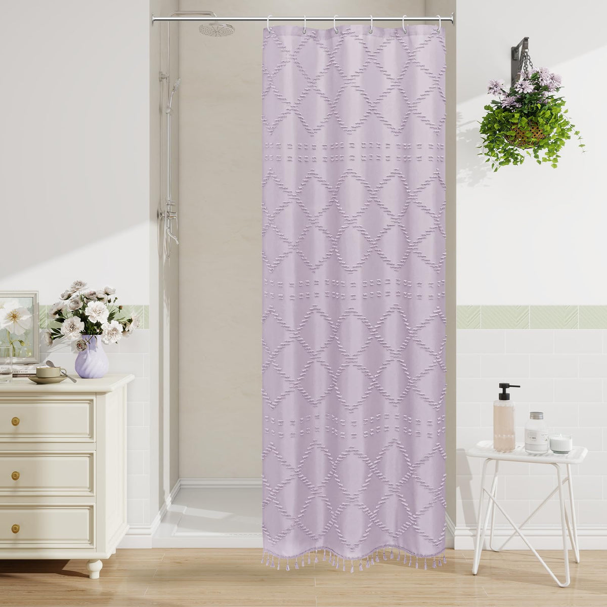 Blue Boho Woven Fabric Shower Curtain with Tassel 72 x 72, Tufted Textured