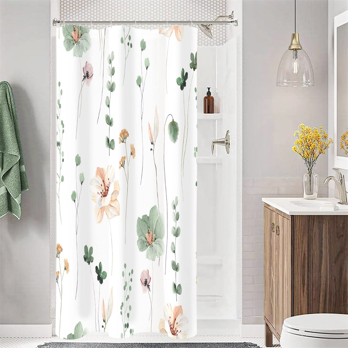 Gibelle Sage Green Beige Watercolor Floral Fabric Shower Curtain 72x72
