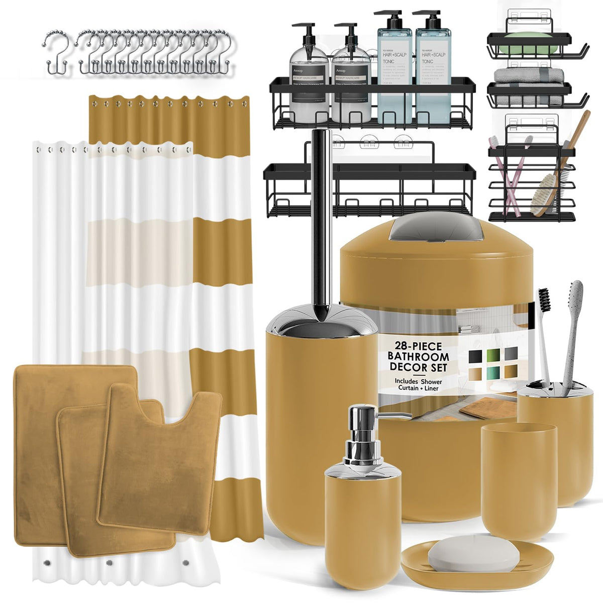 Clara Clark Bathroom Set - Navy Bathroom Accessories Set, 20PC Bathroom Accessory Set, Shower Curtain Set with Liner, Toothbrush Holder, Soap Dispenser, Soap Dish, Toilet Brush Holder, and Trash Can