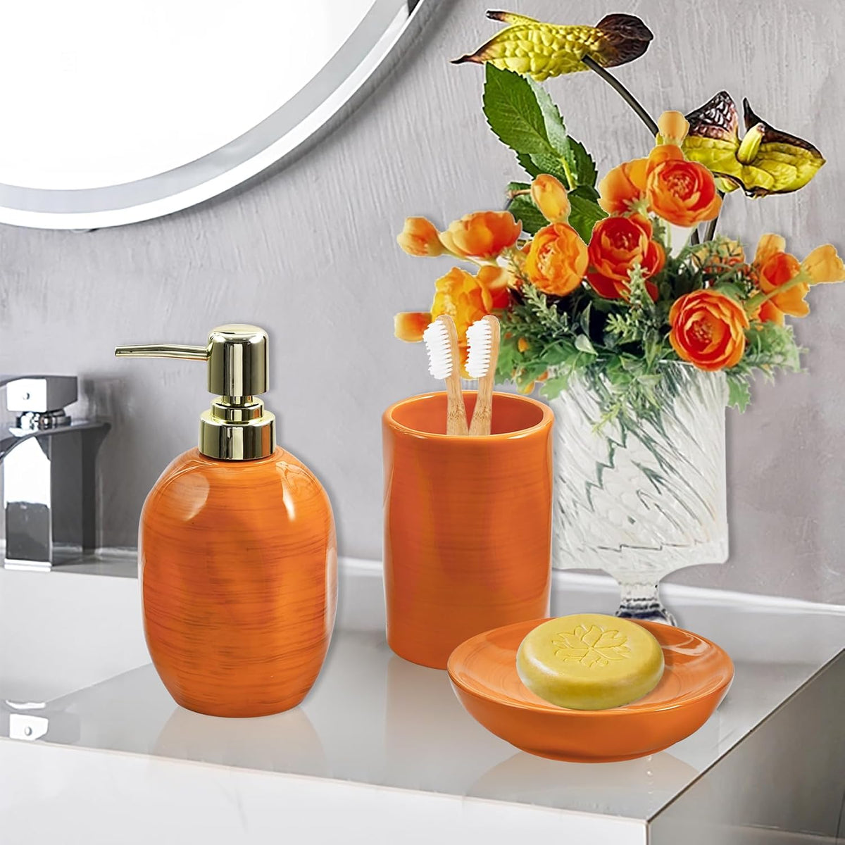 Burnt Orange Bathroom Accessories Set, 3PC Ceramic Bathroom Sets Complete, Toothbrush Holders, Soap Dispenser, Soap Dish, Vibrant Bathroom Decor, Bathroom Organizer for Countertop