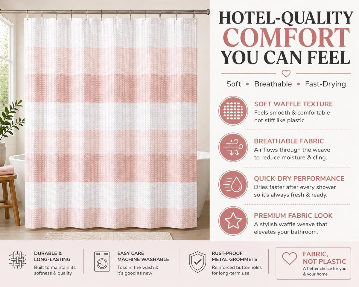 Dainty Home Ombre Waffle Weave Shower Curtain 70 x 72 Blush Textured Fabric Shower Curtain, Hotel Style Waffle Weave Bathroom Curtain, Water Resistant Polyester Ombre Shower Curtain