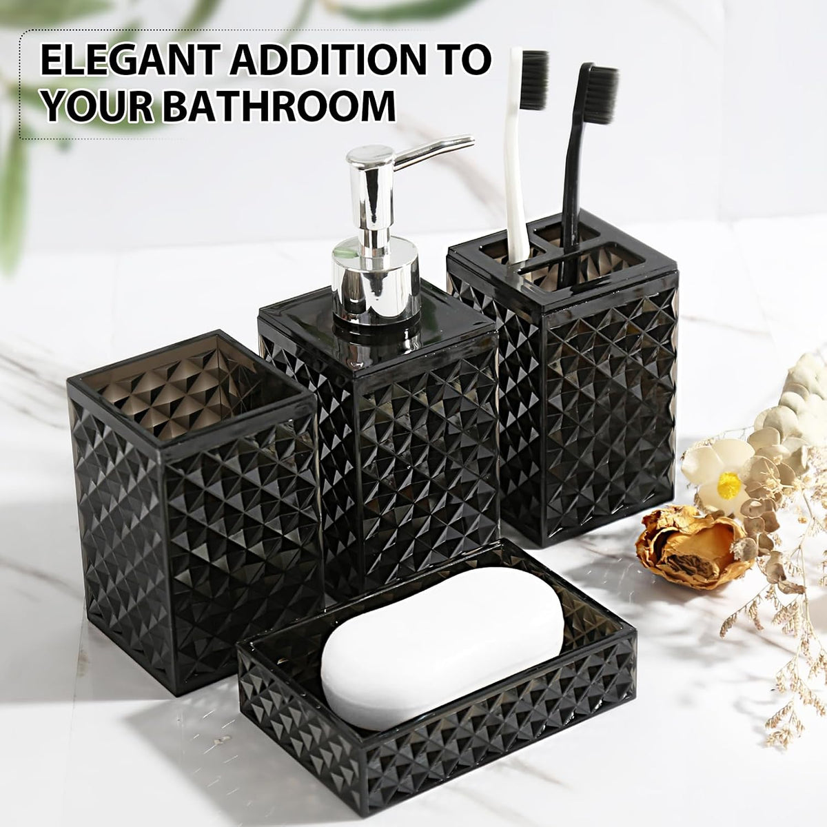 RYTOXILO Black Bathroom Accessories Set, 4 Pack Matte Black Bath Accessory Sets Complete, Acrylic Soap Dispenser and Toothbrush Holder Set for Bathroom Counter Sink, Modern Bathroom Decor