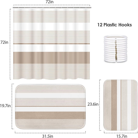 ArtSocket Bathroom Set of 3, Shower Curtain and Bath Rugs Beige Striped