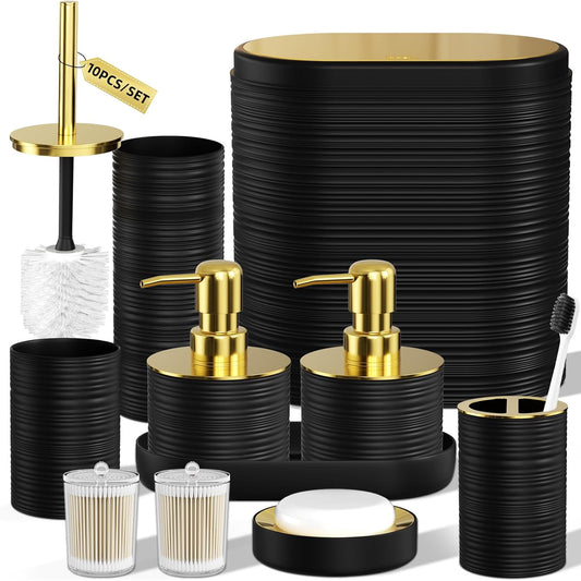 Bathroom Set, 10PC Bathroom Accessory Set, Black Bathroom Accessories, Black and Gold Bathroom Set with Trash Can, Soap Dispensers