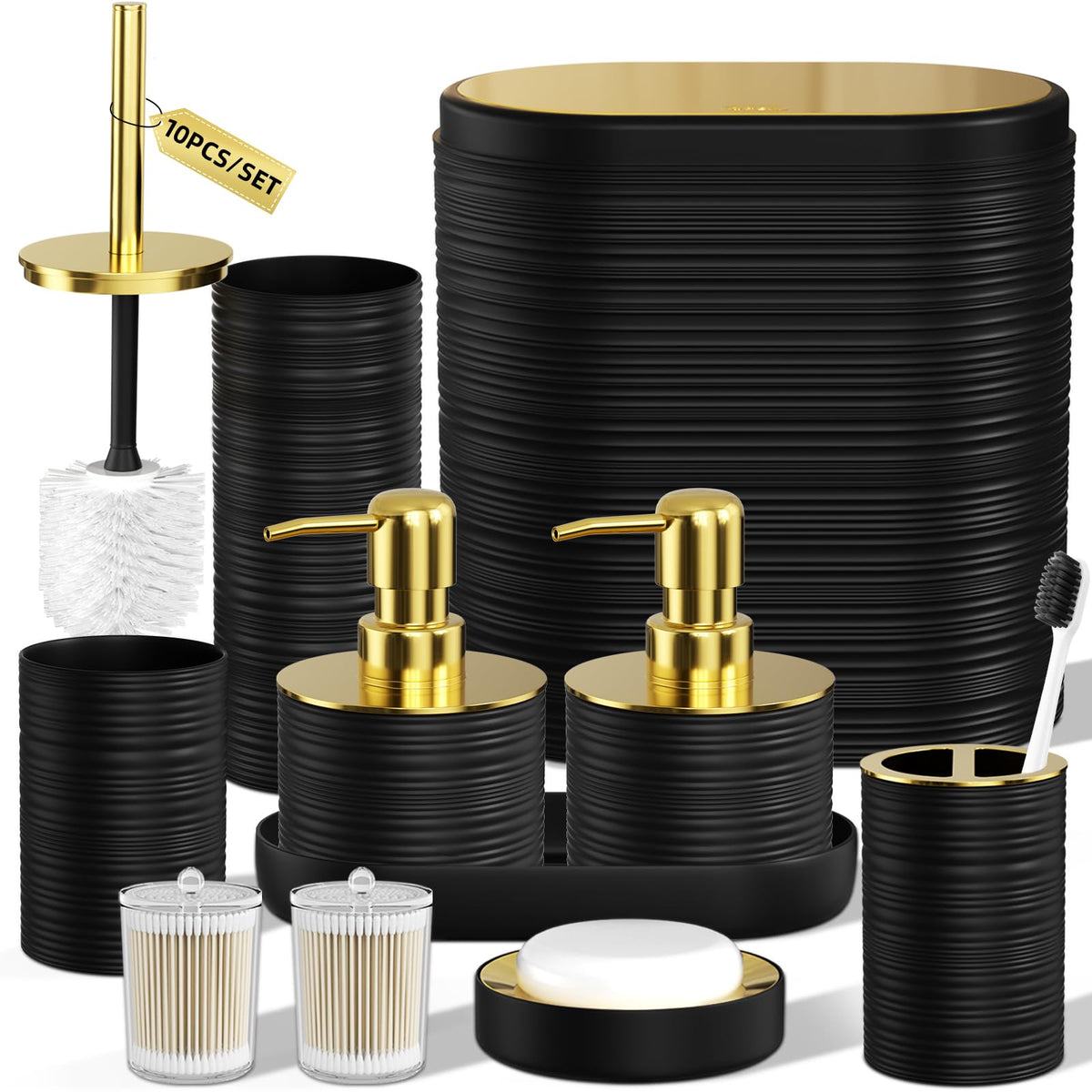Bathroom Set, 10PC Bathroom Accessory Set, Black Bathroom Accessories, Black and Gold Bathroom Set with Trash Can, Soap Dispensers
