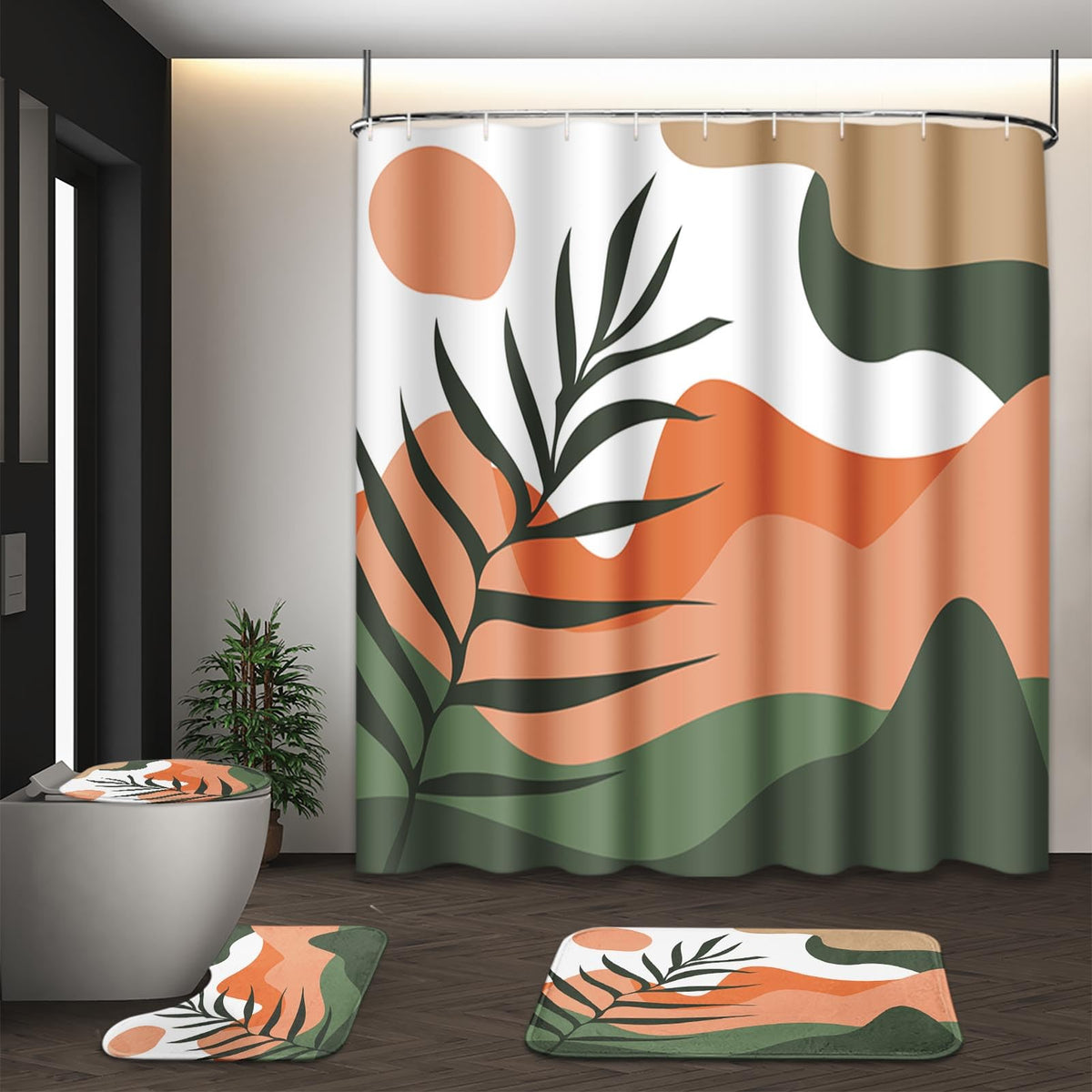Bathroom Sets with Shower Curtain and Rugs, Set of 4, Boho Sage