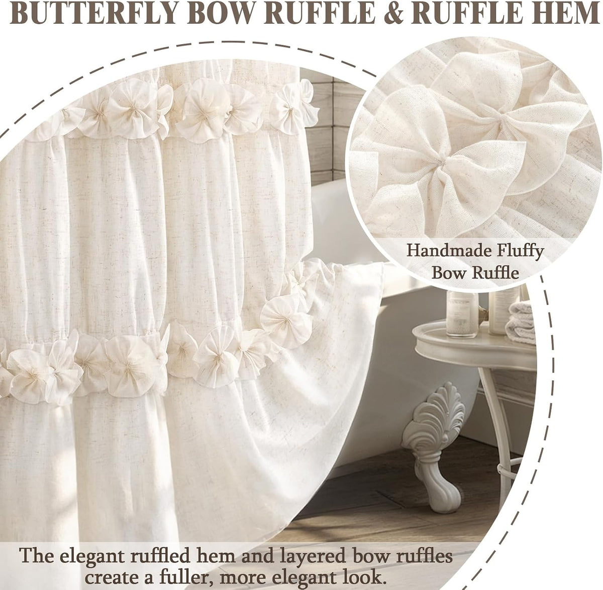 Boho Ruffle Farmhouse Fall Linen Shower Curtain Vintage Cream 72" W x 72" H
