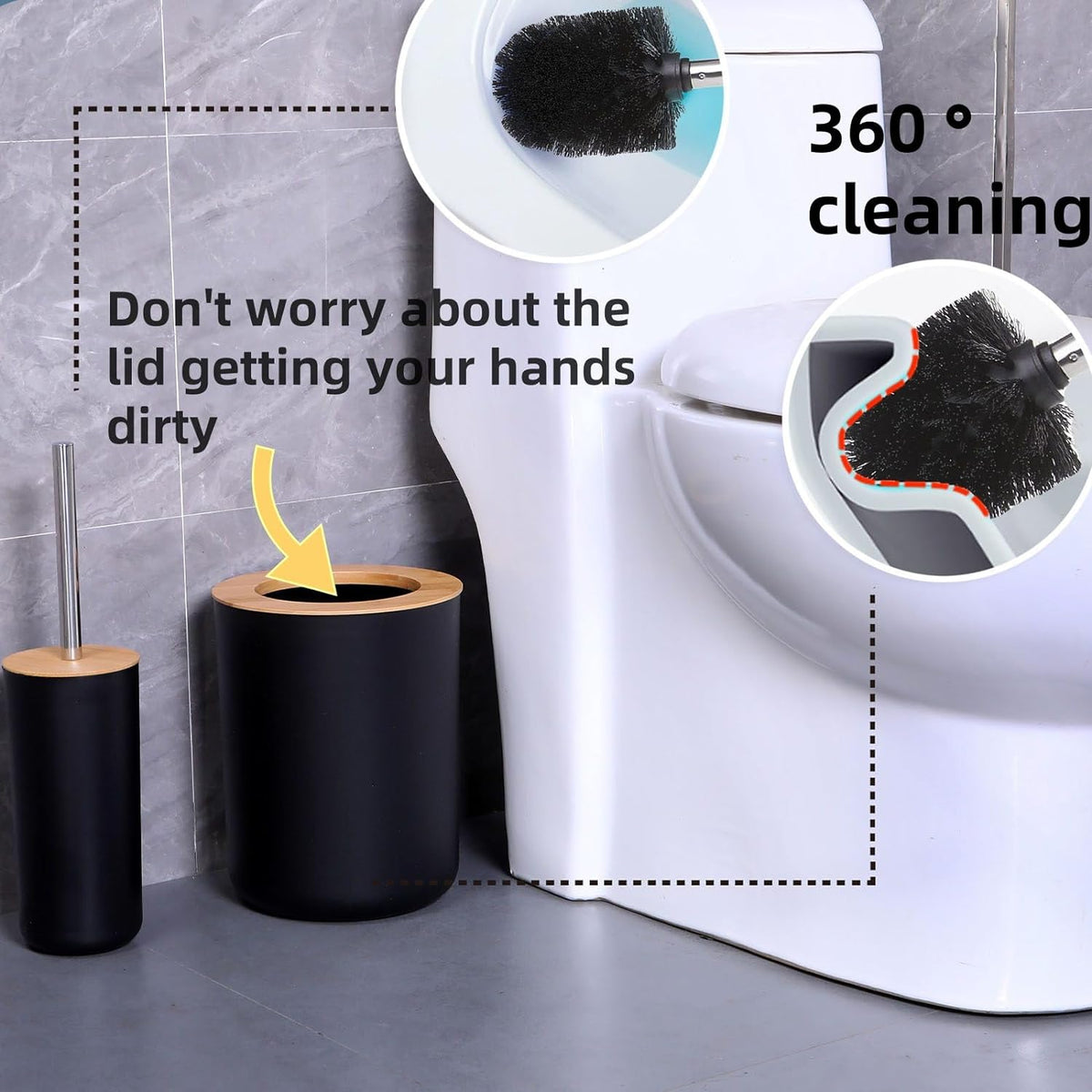 Matte Black Bathroom Accessories Set 9PCS,Bamboo Bathroom Accessories Sets Complete with Trash Can,Soap Dispenser and Toothbrush Holder Set,Toilet Brush,Qtip Holder,Vanity Tray,Soap Dish