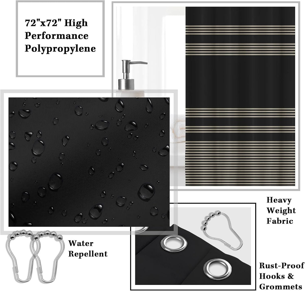 Britimes 7 Pack Bathroom Accessories Set, Shower Curtain Set, Black Striped