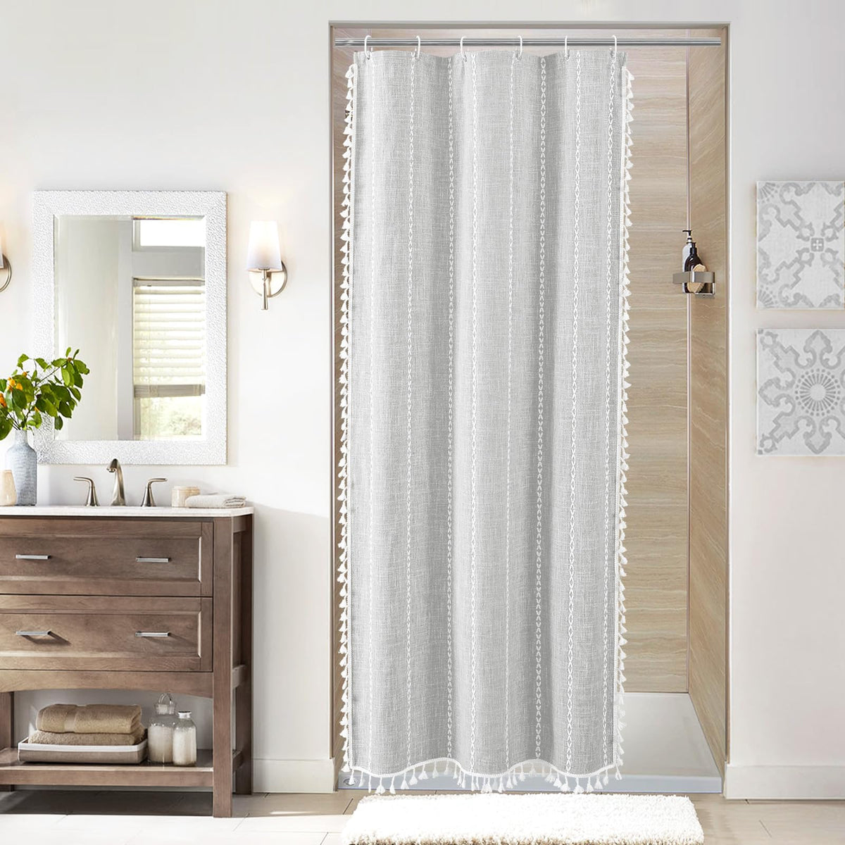 Boho Farmhouse Tassel Linen Shower Curtain,3D Embroidery Stripe Blue,72x72