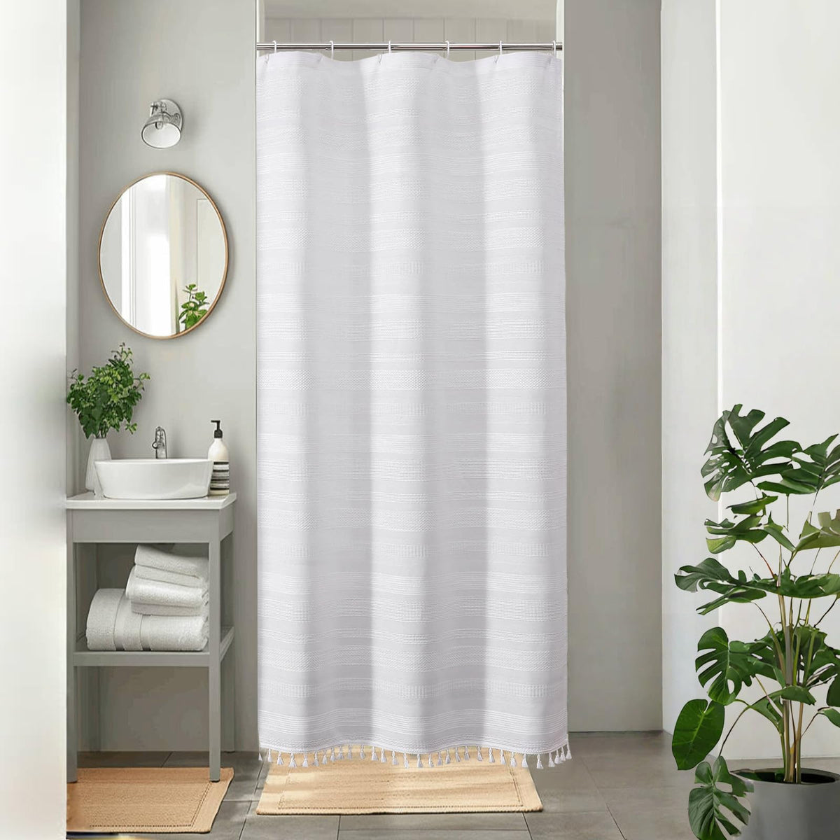 OVZME Extra Long Linen Shower Curtain - 84 Inch Long, Modern Farmhouse Heavy Duty Textured Soft Fabric, Rustic Country Boho Cloth Shower Curtain with Tassel for Bathroom Hotel, 72Wx84L Inches