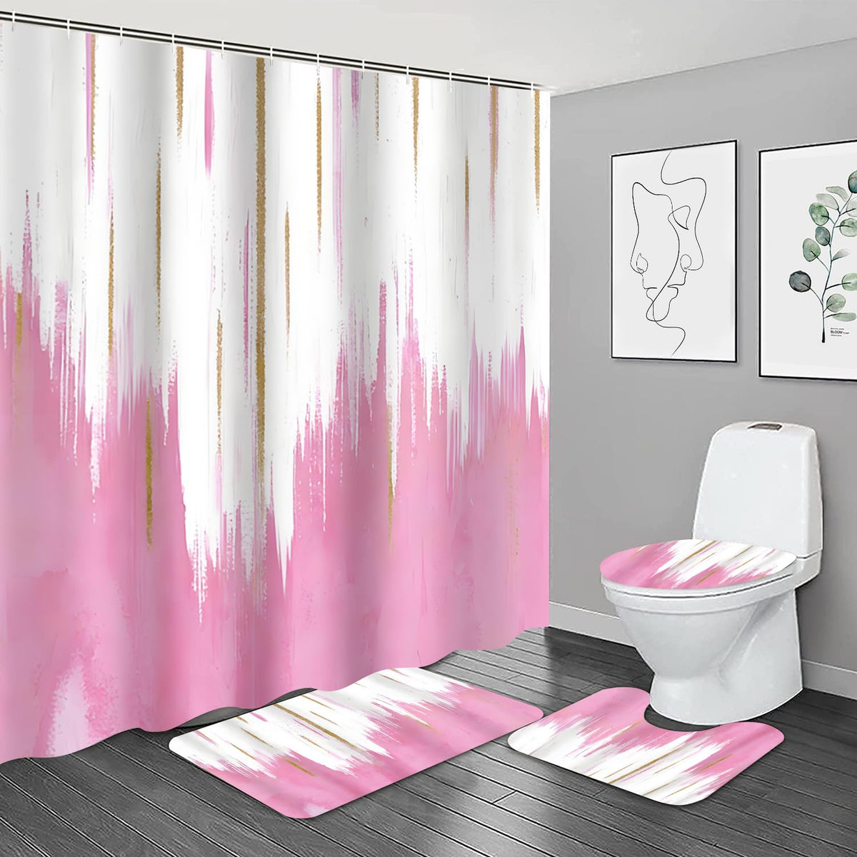 NBVKO 4PCS Black Oil Painting Style Shower Curtain Set with Non-Slip Rugs,Toilet Lid Cover and Bath Mat,Bathroom Decor Accessory Set